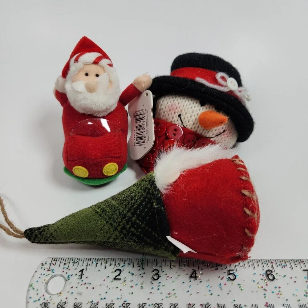 Christmas Plush Ornaments Gnome Snowman Santa In Car Lot of 3 Amscan Felt Fabric